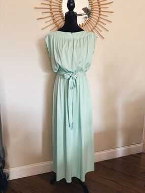 1970s Elegant Mint Green Womens Maxi Dress with Tie Waist